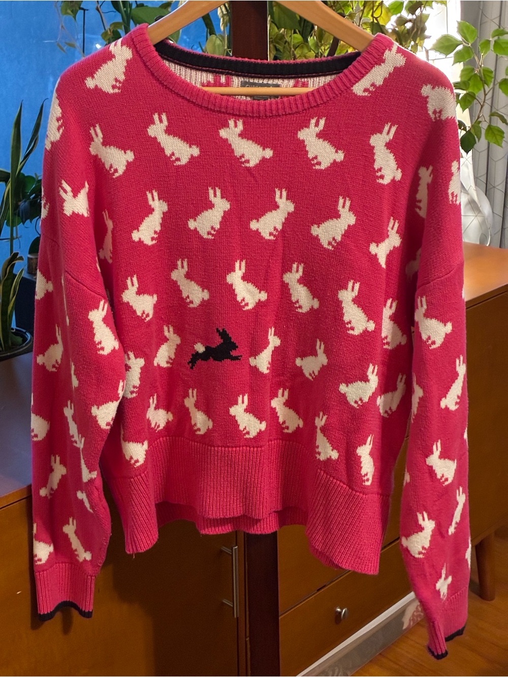 Pink Bunny-Pattern Crewneck Sweater L